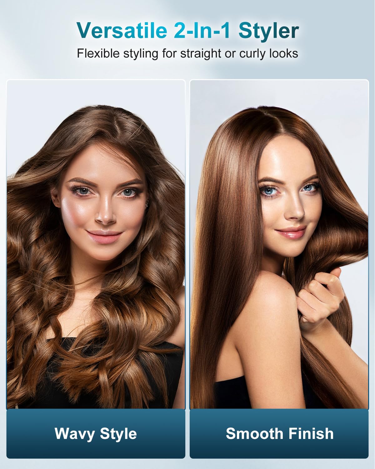 SevenMAGIC 2-in-1 styling tool showing straight and curl options