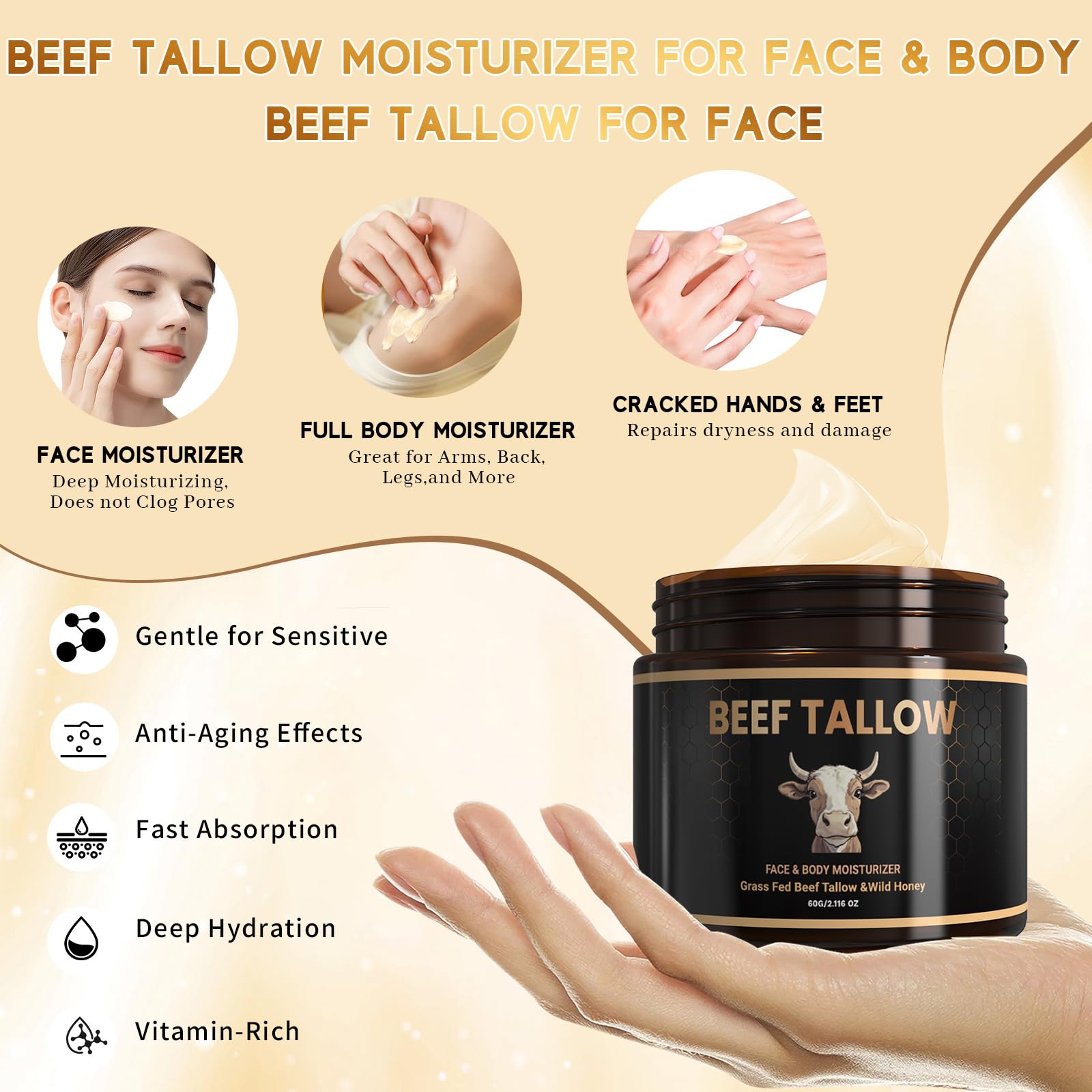 Seyoulala grass-fed beef tallow honey balm highlights nourishing skin for dry areas.