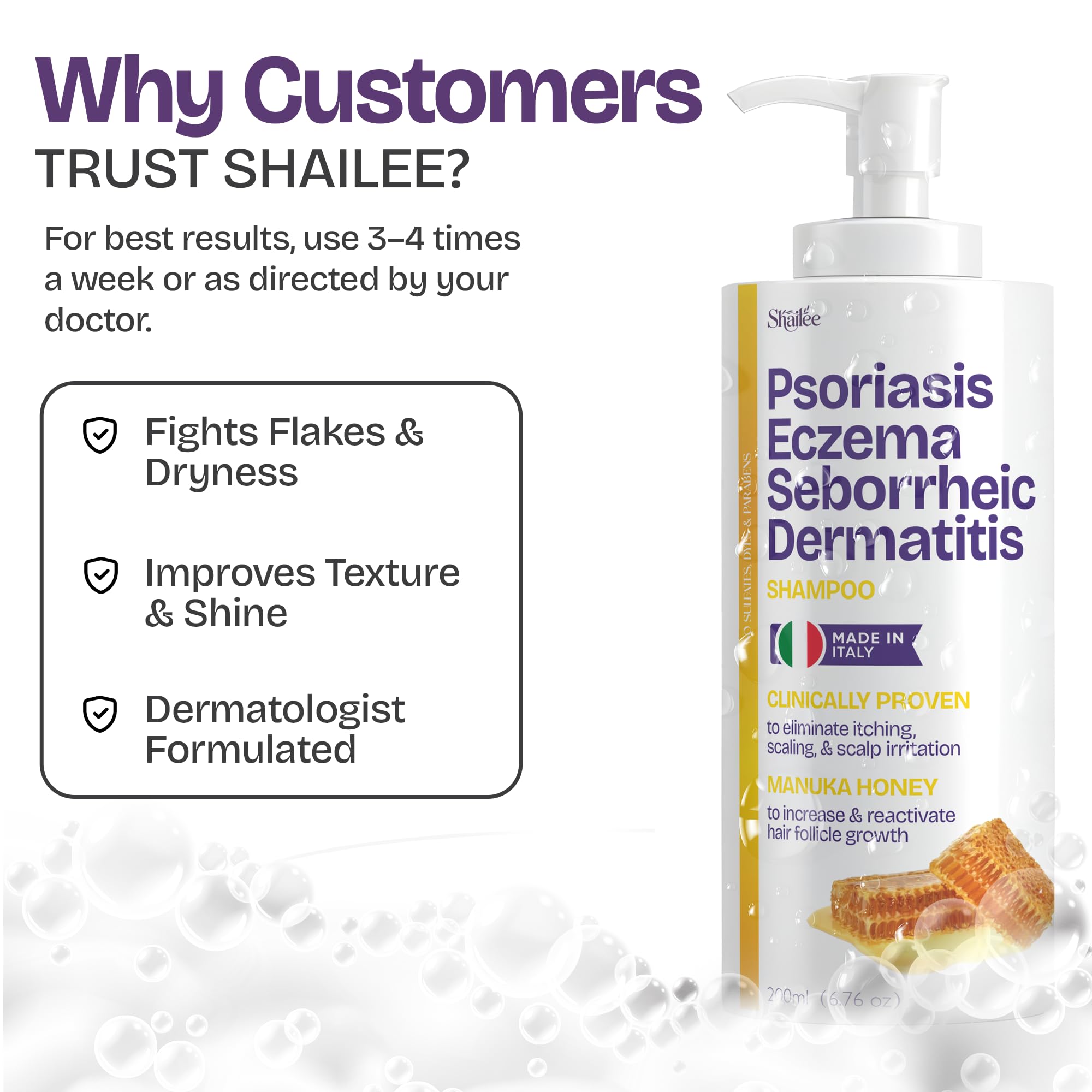 Shailee Psoriasis Shampoo scalp comfort shot hints balanced, hydrated scalp