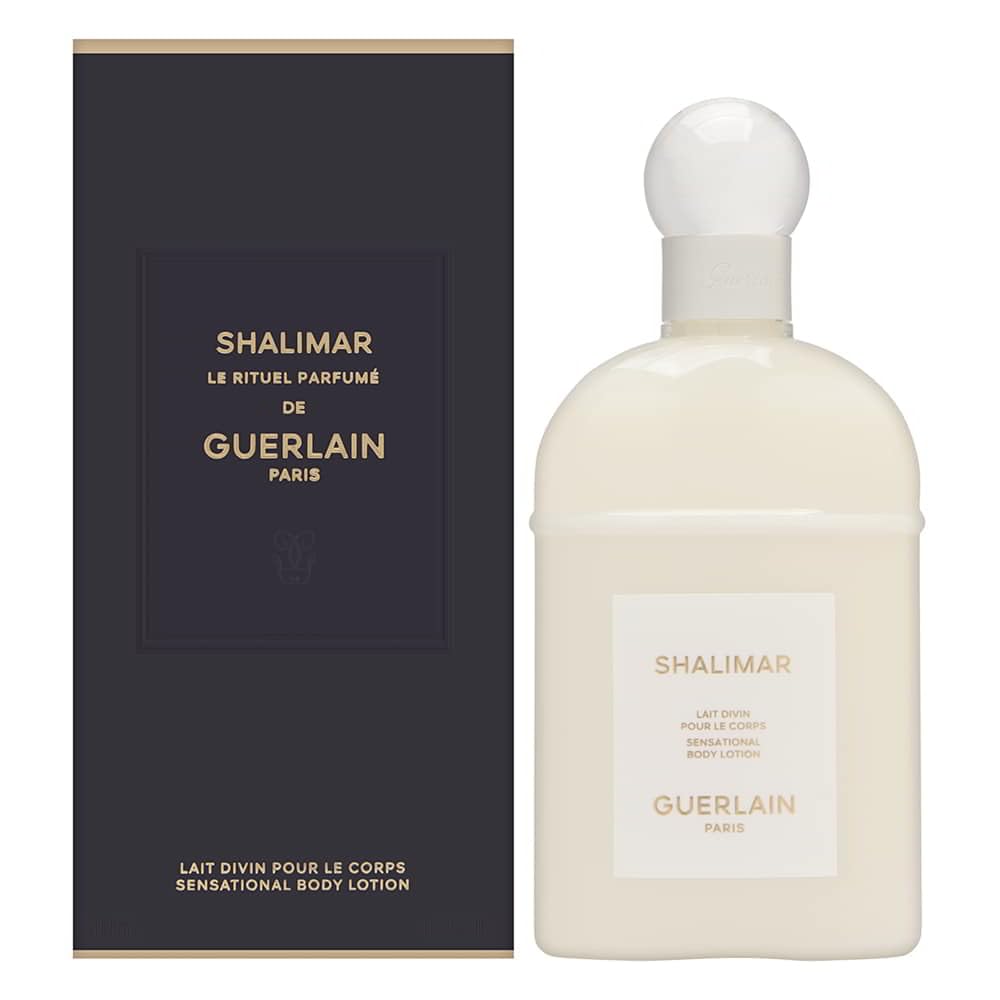 Guerlain Shalimar body lotion bottle for daily hydration and fragrance layering.