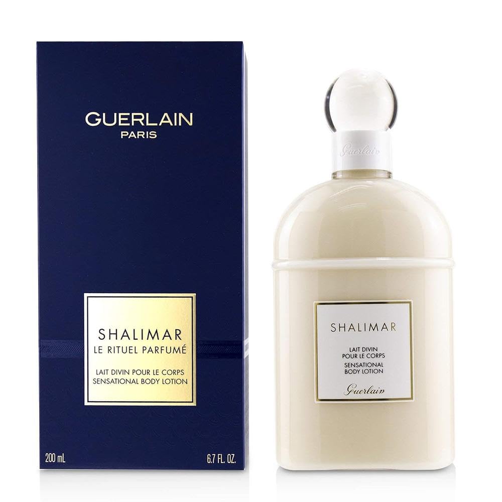 Guerlain Shalimar body lotion texture close-up highlighting lightweight, fast-absorbing moisture for soft, scented skin.