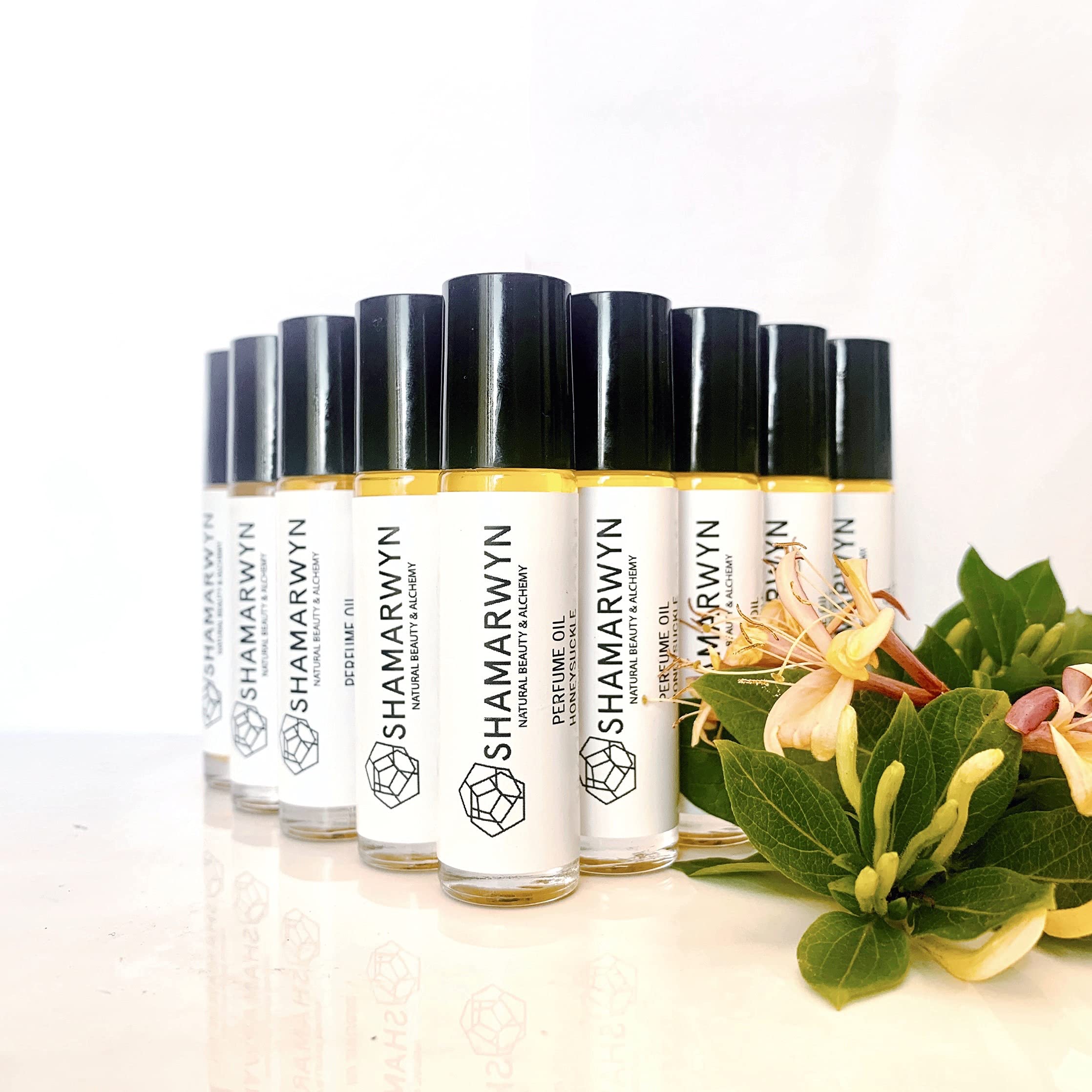 Shamarwyn Honeysuckle Perfume Oil ingredients close-up, natural botanicals and organic jojoba