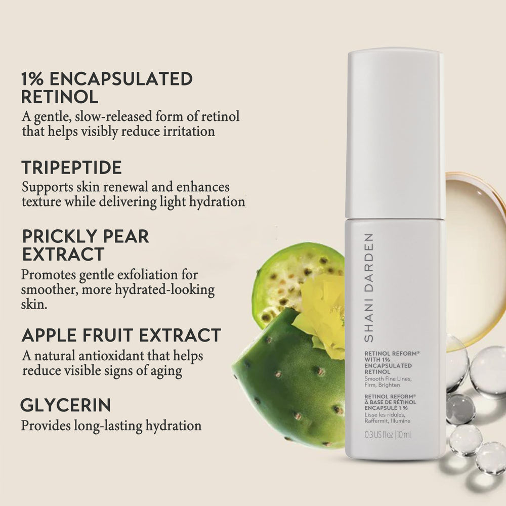 Shani Darden Retinol Reform encapsulated retinol 1percent detail emphasizes slow-release formula.