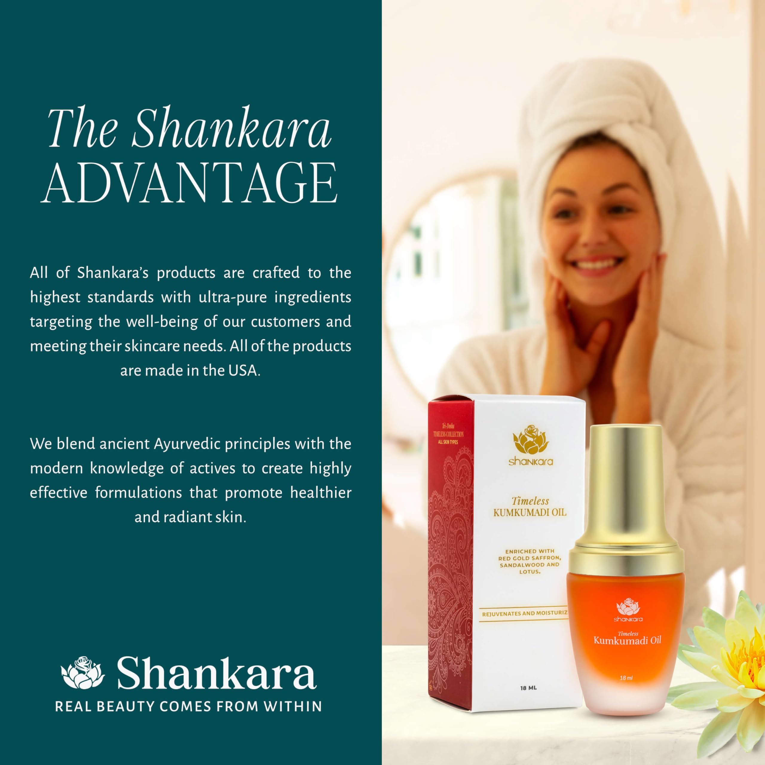 Shankara Kumkumadi Oil bottle alongside flowers signals luxurious ritual