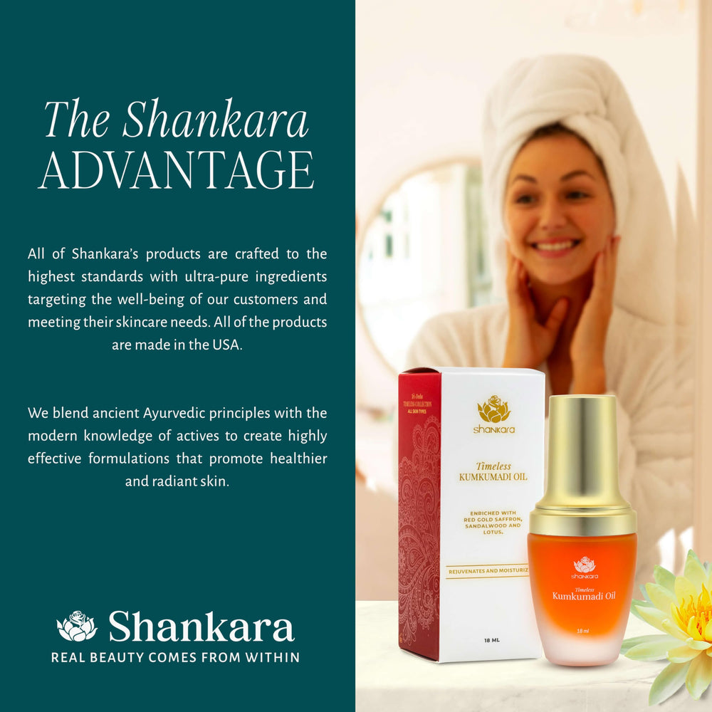 Shankara Kumkumadi Oil bottle alongside flowers signals luxurious ritual