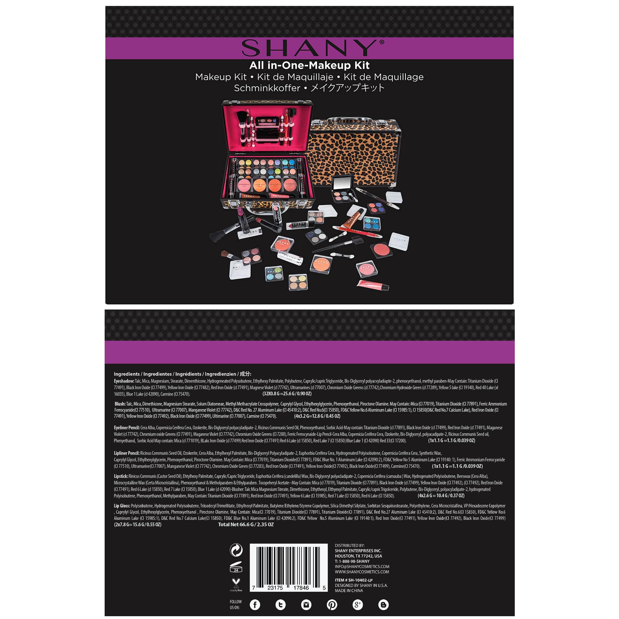 SHANY eyeshadow quads inside offer versatile shimmer and matte options.