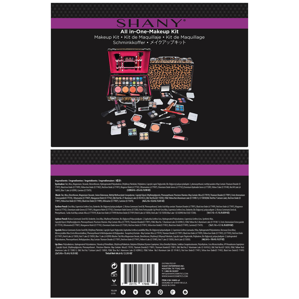 SHANY eyeshadow quads inside offer versatile shimmer and matte options.