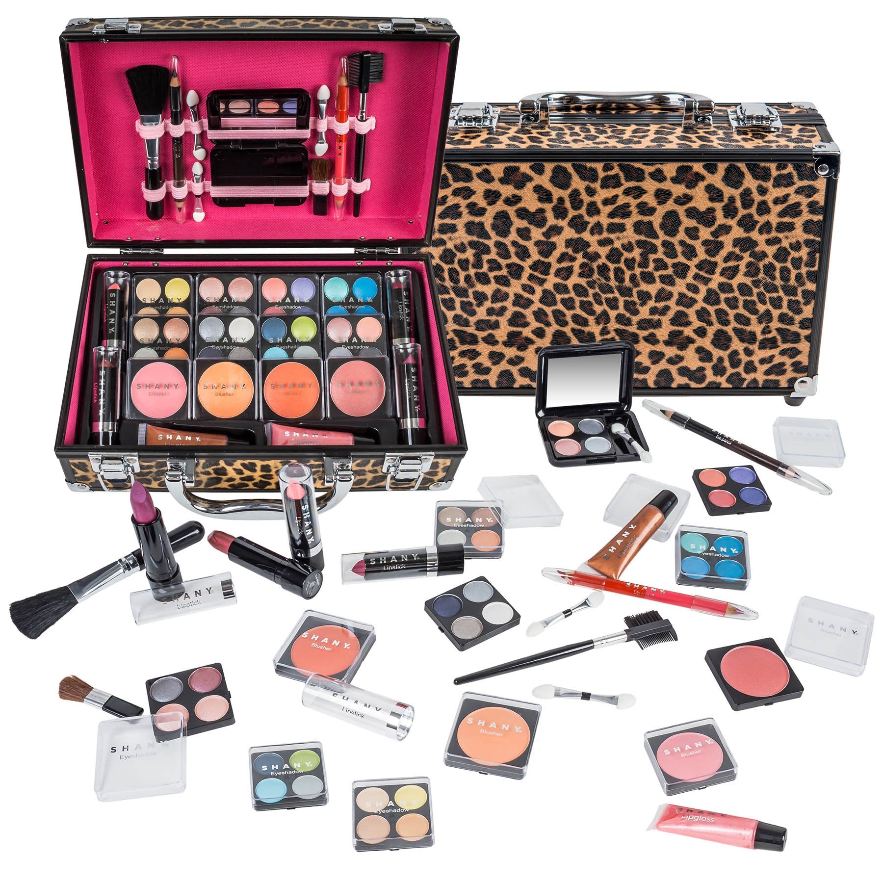 SHANY Carry All Makeup Train Case leopard exterior showcases durable portable design.