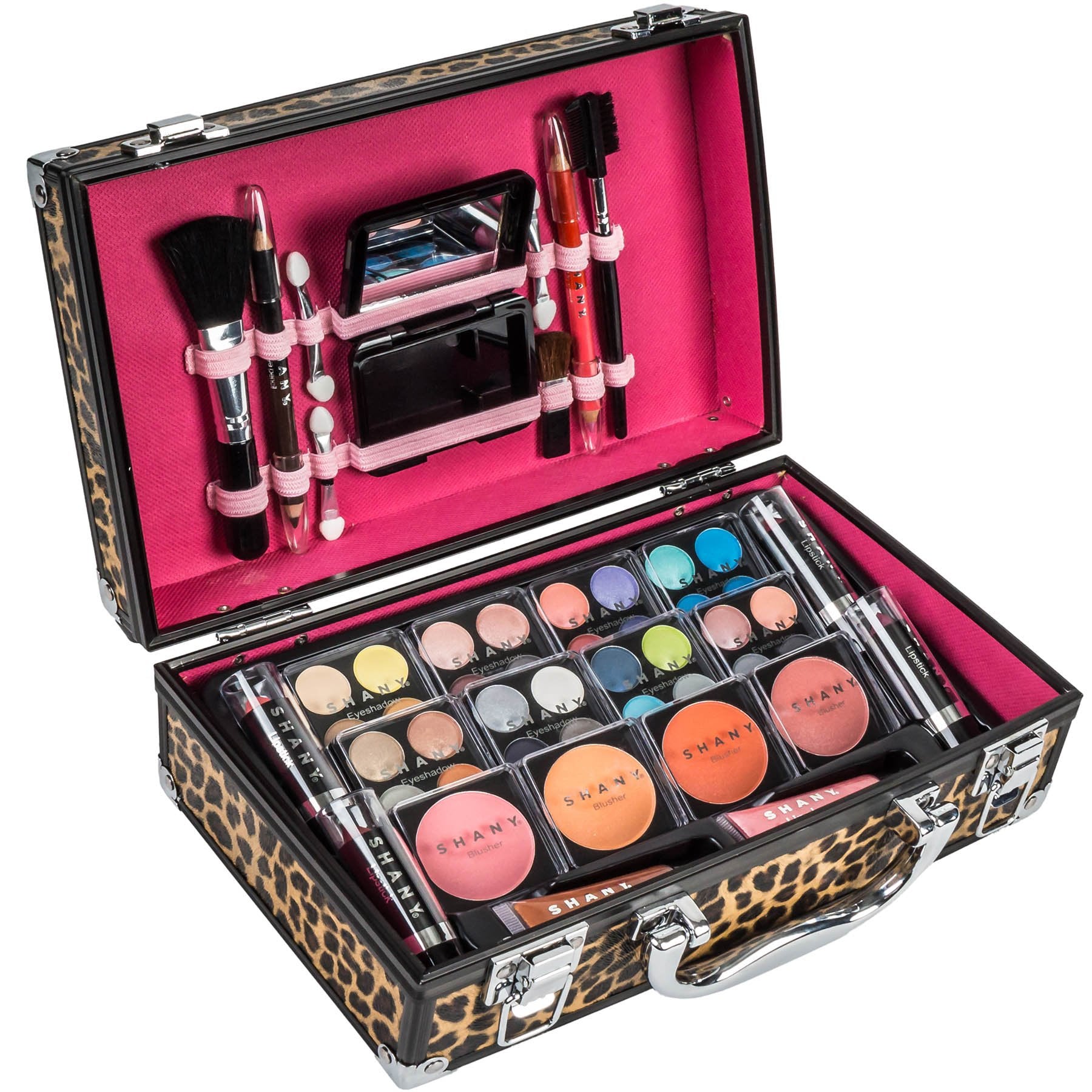 SHANY leopard interior organizer keeps cosmetics neatly arranged for travel.