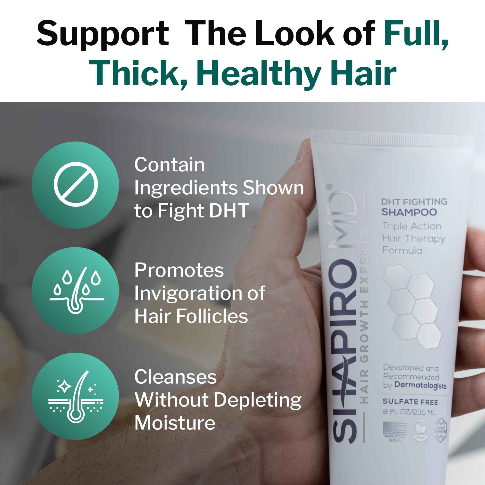 Shapiro MD Hair Growth Experts ingredients closeup illustrating vegan cruelty-free formula