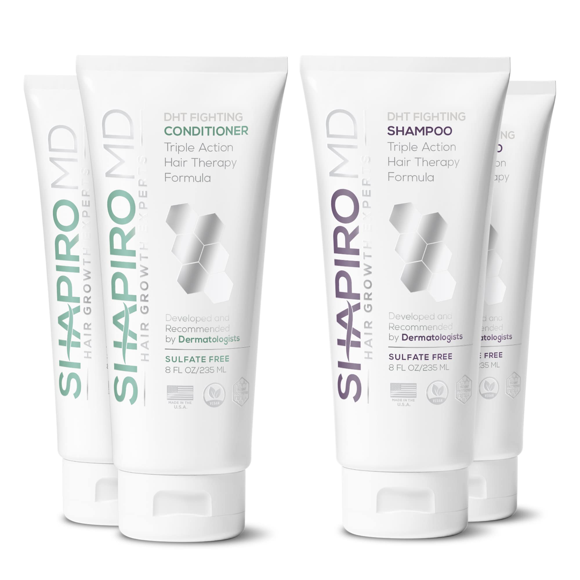 Shapiro MD Hair Growth Experts shampoo bottle closeup highlighting a thicker hair goal.