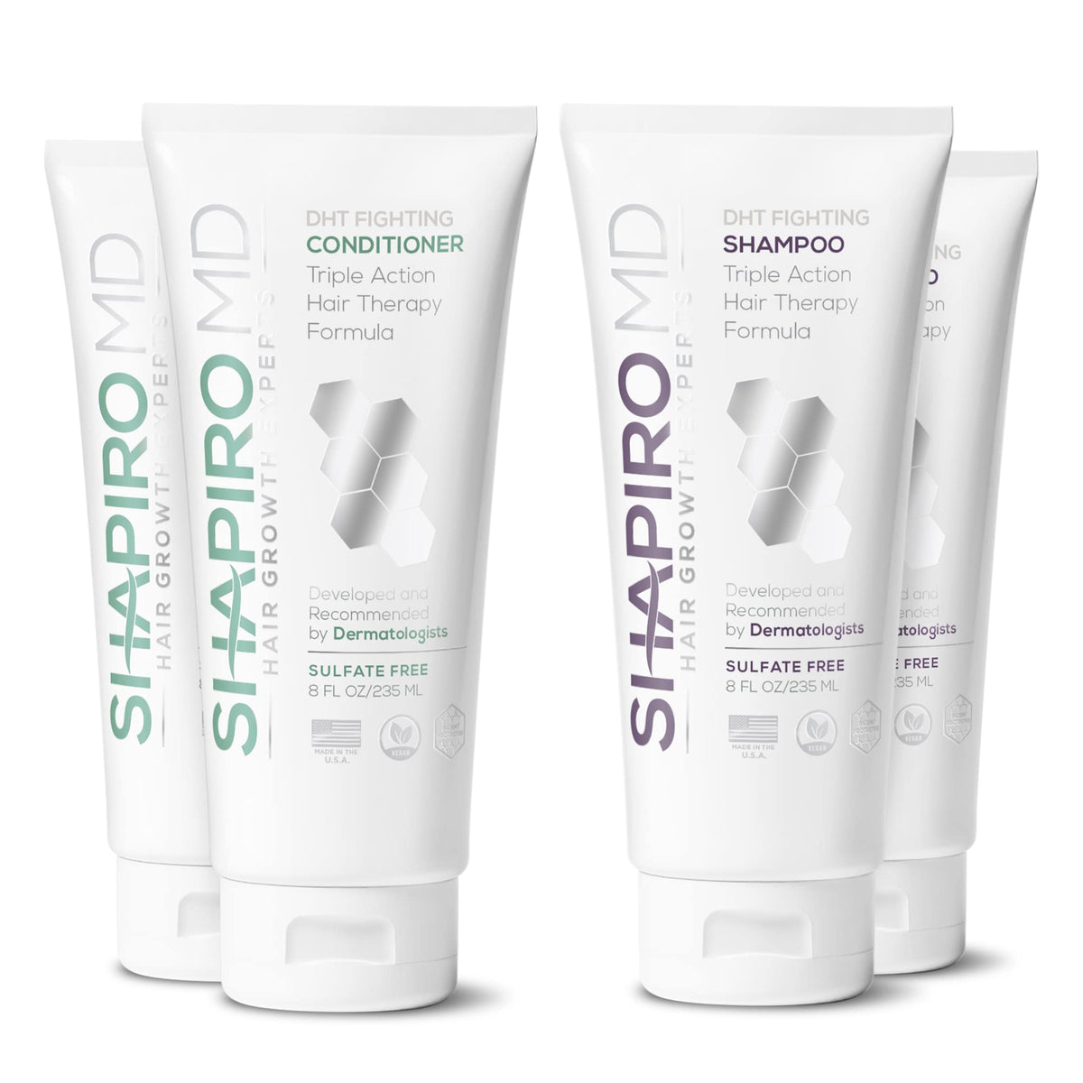 Shapiro MD Hair Growth Experts shampoo bottle closeup highlighting a thicker hair goal.