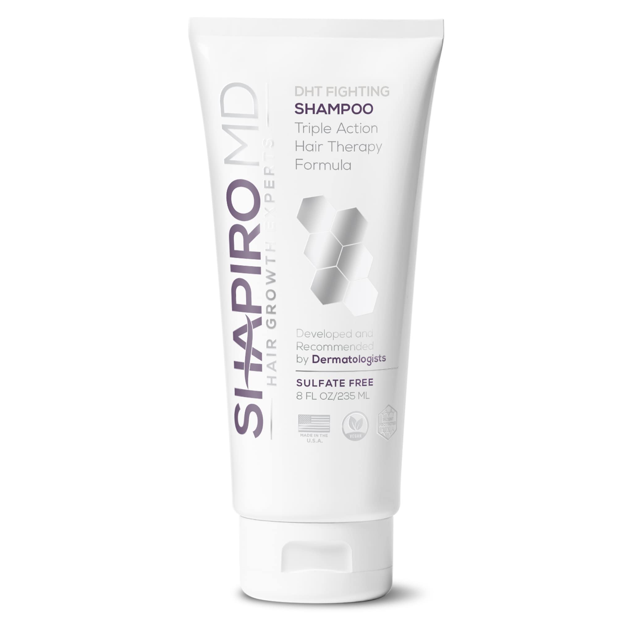 Shapiro MD Hair Growth Experts vegan shampoo bottle closeup showing DHT-blocking formula for fuller-looking hair