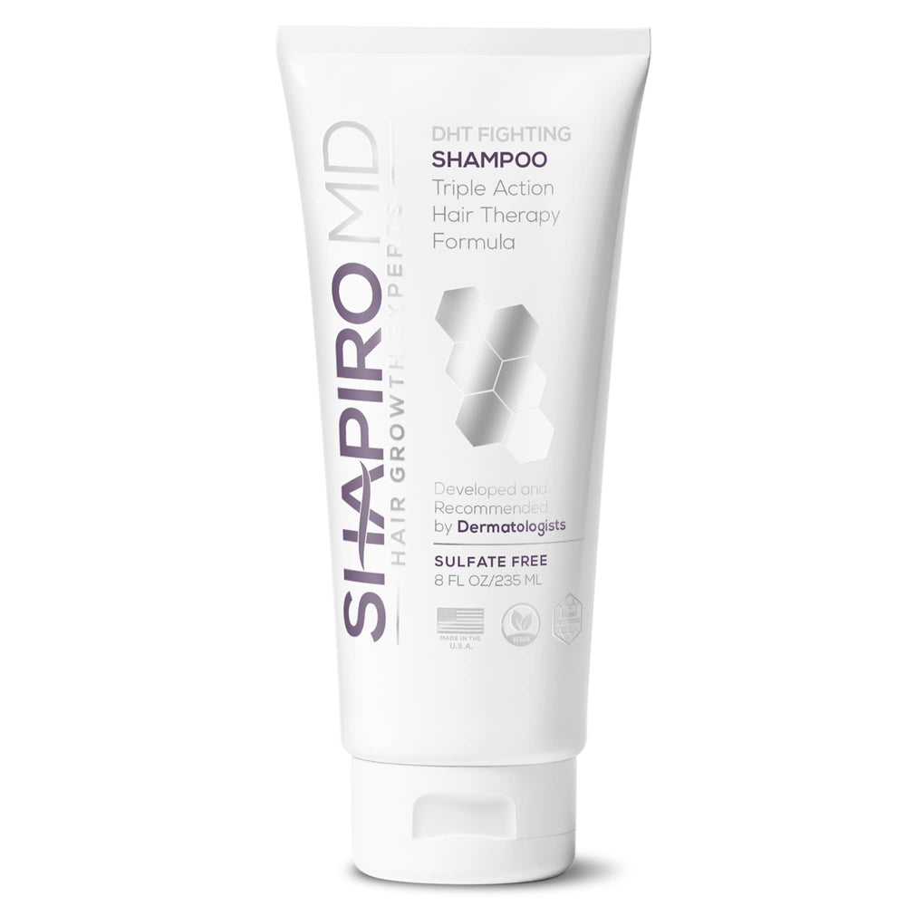 Shapiro MD Hair Growth Experts vegan shampoo bottle closeup showing DHT-blocking formula for fuller-looking hair