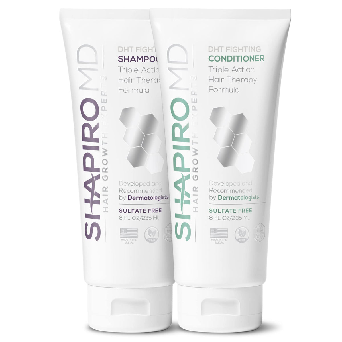 Shapiro MD Hair Growth Experts shampoo bottle demonstrates DHT-fighting formula for thinning hair.