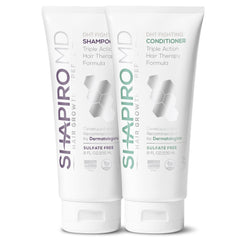 Shapiro MD Hair Growth Experts shampoo bottle demonstrates DHT-fighting formula for thinning hair.