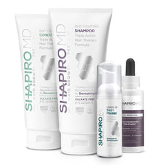 Shapiro MD regrowth shampoo bottle promoting scalp nourishment for fuller-looking hair.