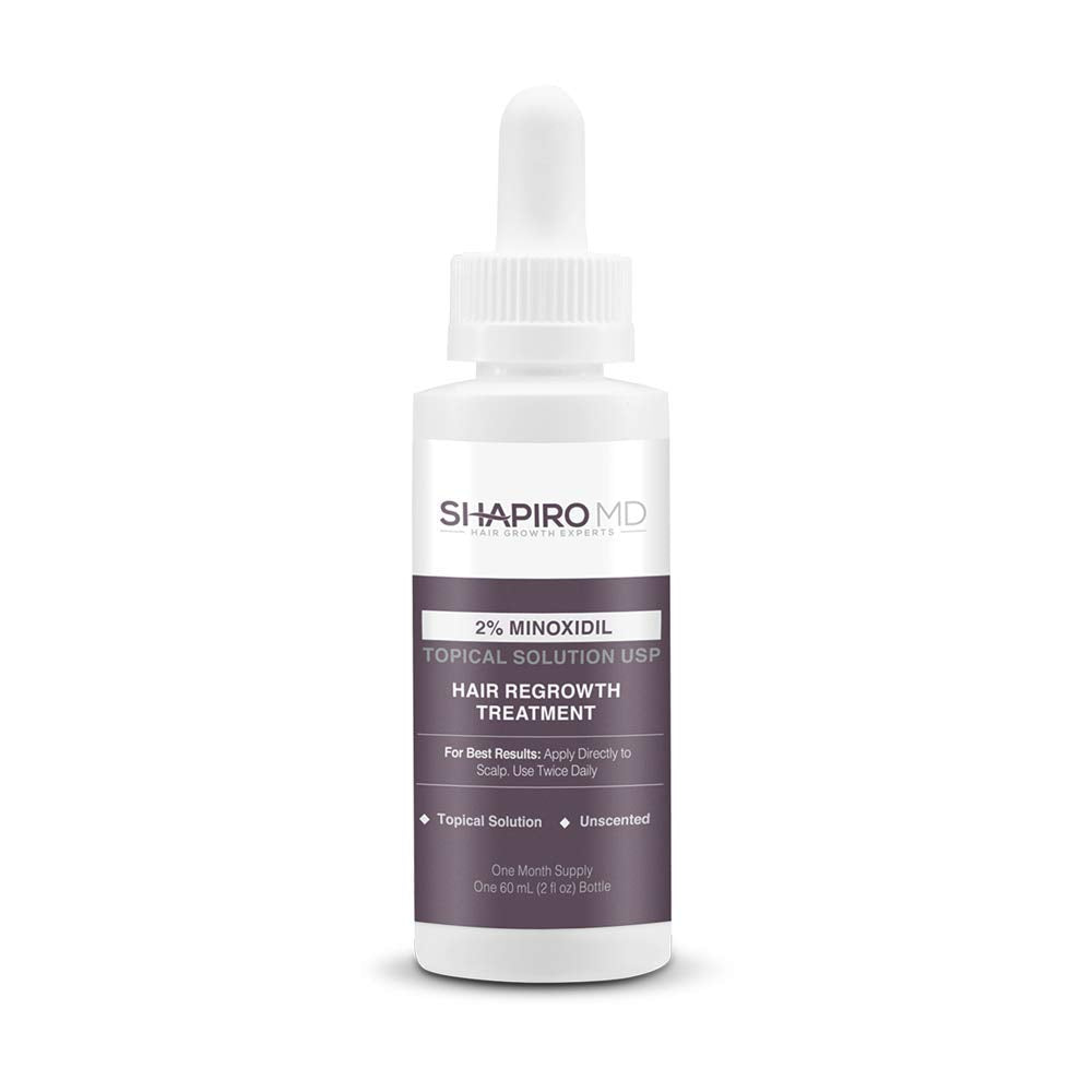 Shapiro MD Minoxidil 2% bottle ready for thinning hair application