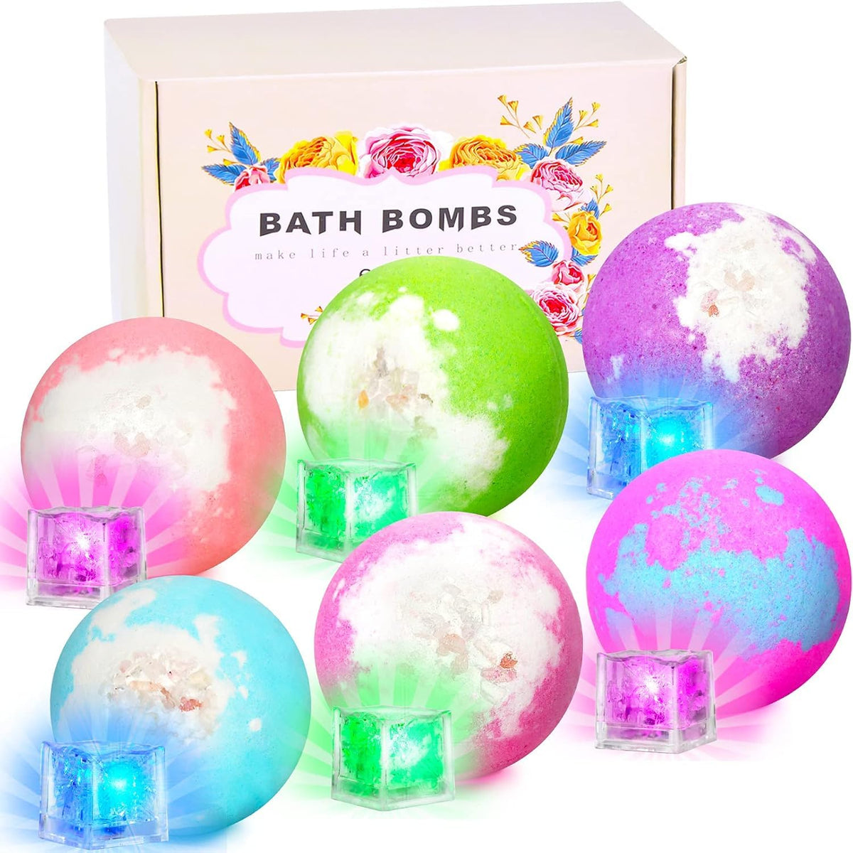 SHARLOVY light up bath bombs pack front, vibrant gift-ready display for spa at home.