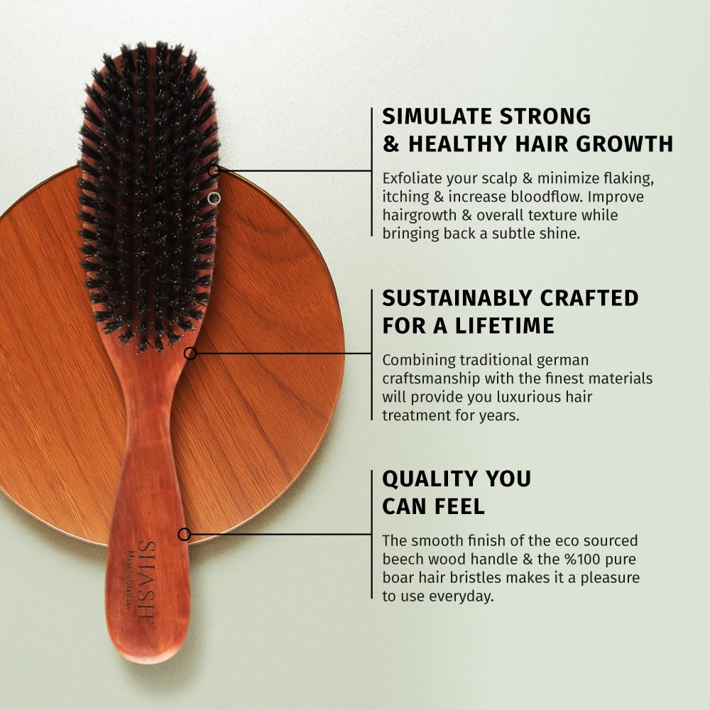 SHASH exfoliate scalp with soft boar bristles.