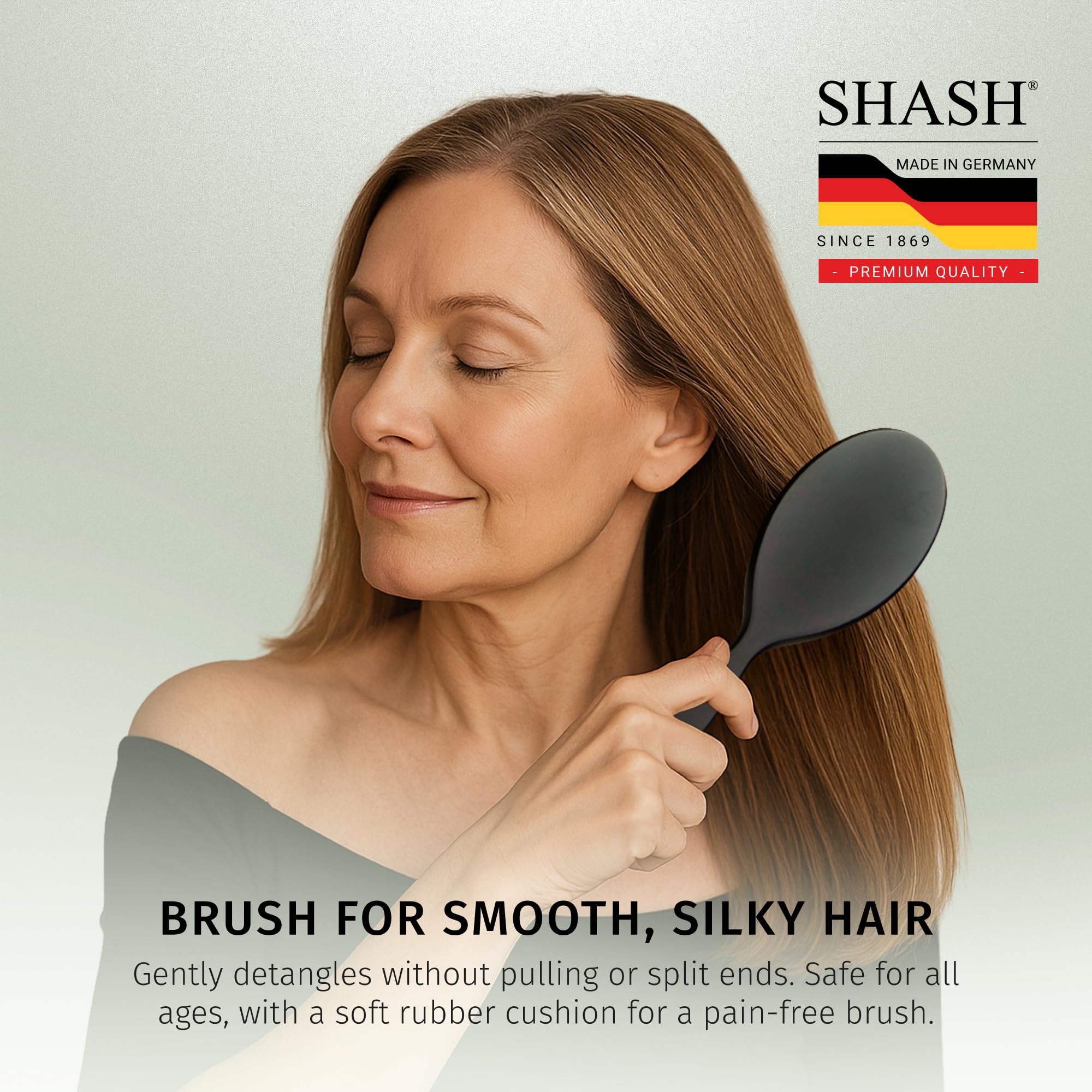 SHASH large bristle brush demonstrates dry hair smoothing and even distribution of oils.