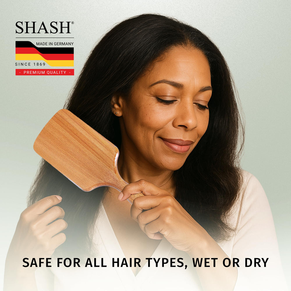 SHASH paddle brush detangles knots and reduces snagging for easier daily styling.