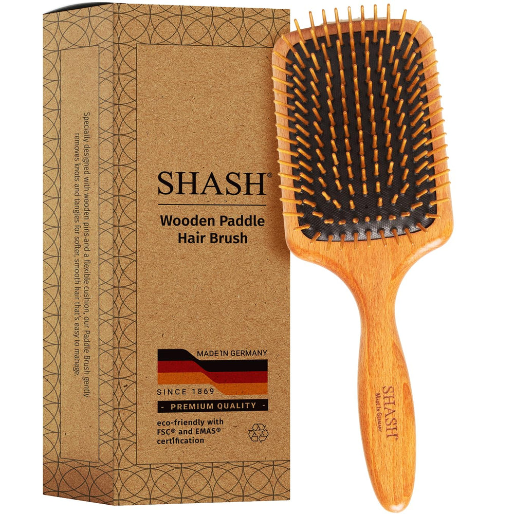 SHASH wooden paddle brush front view highlights sturdy craftsmanship for gentle detangling.