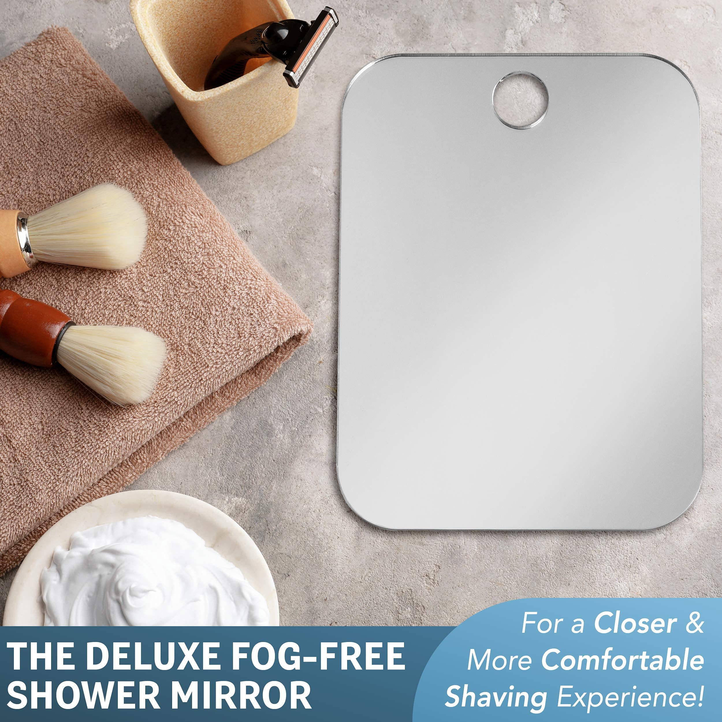 Shave Well Deluxe shower mirror in use showing fogless clarity during showers