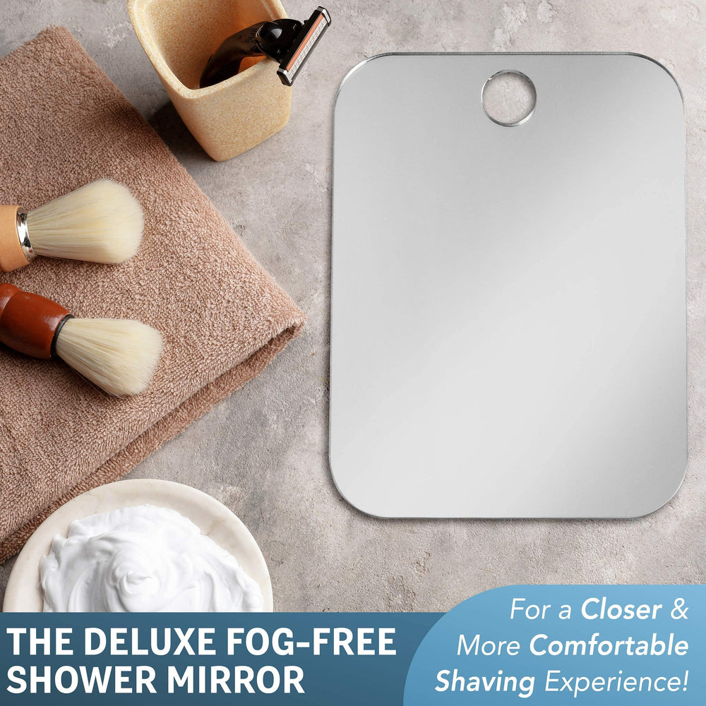 Shave Well Deluxe shower mirror in use showing fogless clarity during showers