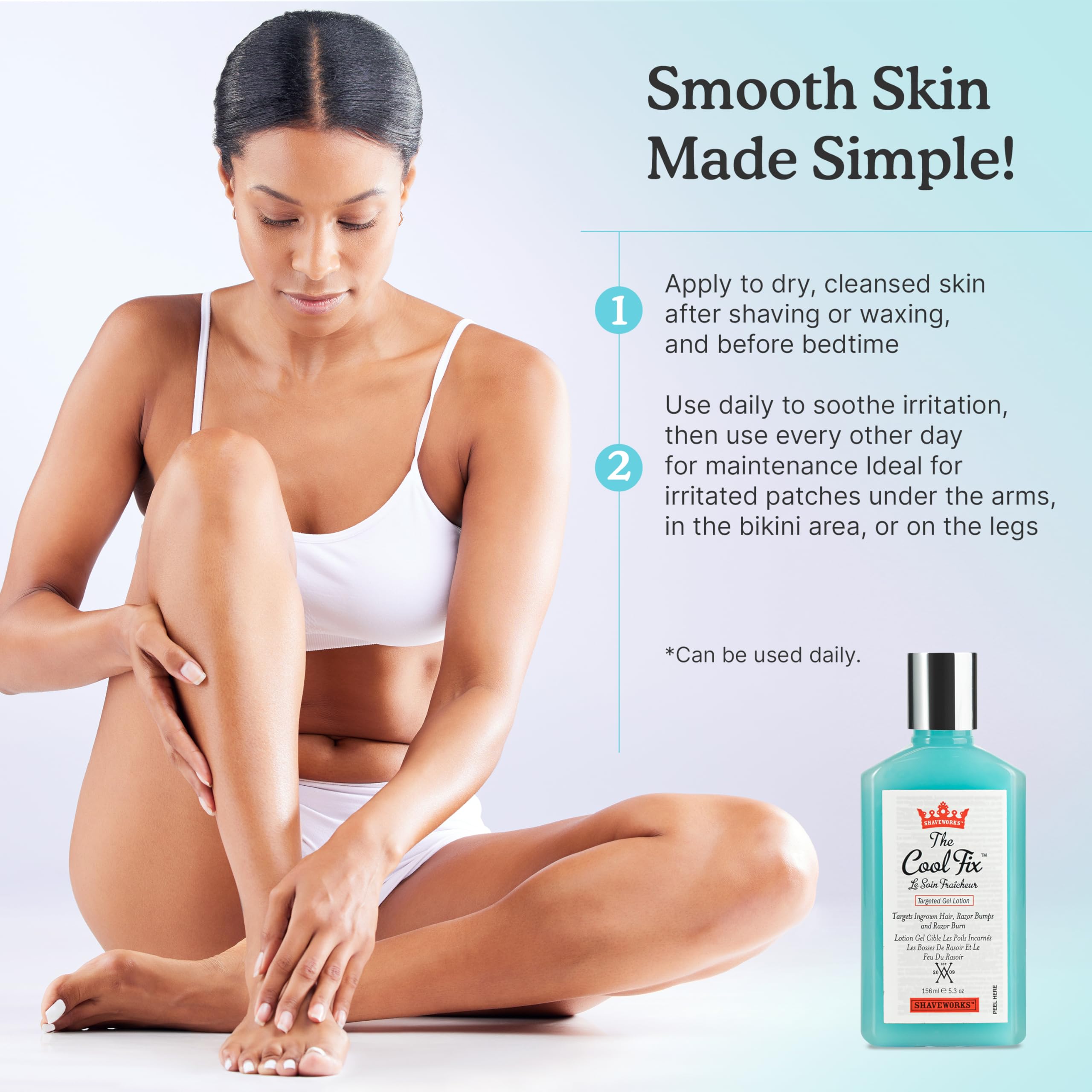Shaveworks The Cool Fix is used on bikini-area after shaving for calming relief.