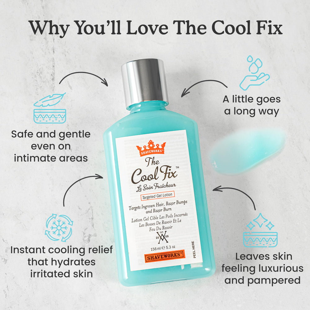 Shaveworks The Cool Fix close-up shows bottle label with glycolic and salicylic acids.