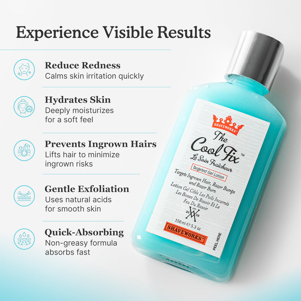Shaveworks The Cool Fix ingredients highlight plant-based exfoliants for ingrown hair care.