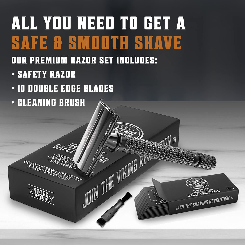 SHAVING REVOLUTION black long-handle razor shows ergonomic grip for precise shaving.
