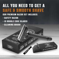 SHAVING REVOLUTION black long-handle razor shows ergonomic grip for precise shaving.