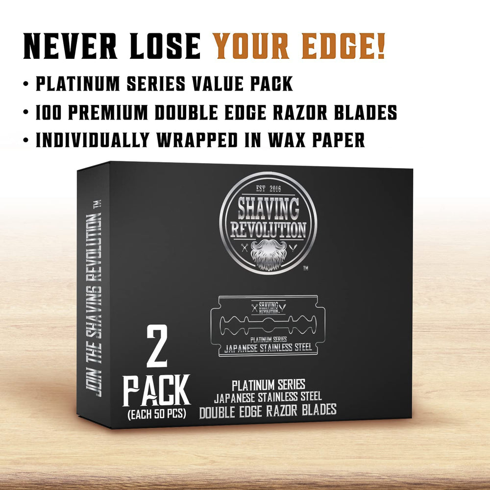 Shaving Revolution platinum-coated Japanese steel blades—durability for many smooth shaves.