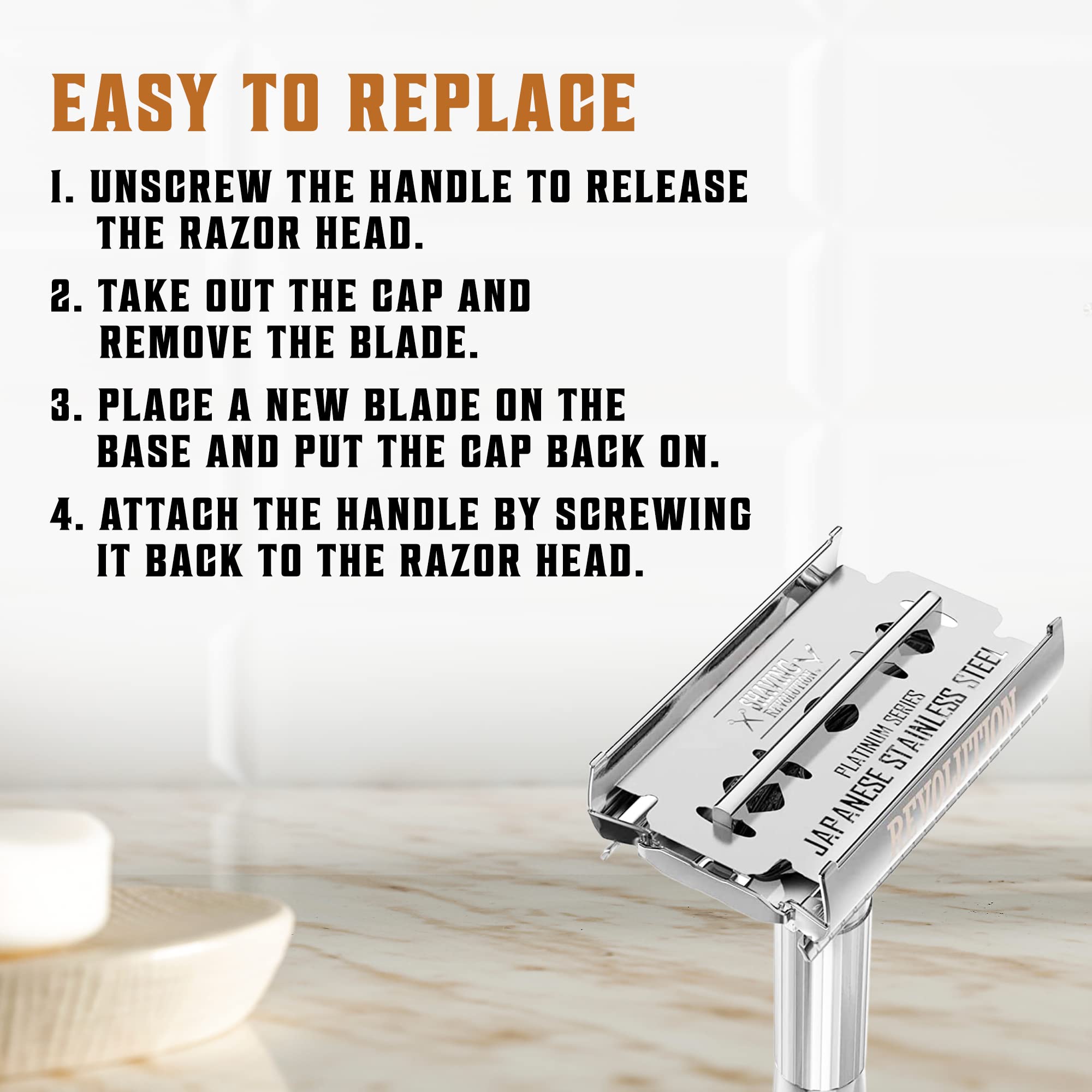 Shaving Revolution platinum-coated blades—sharp precision for a close shave.