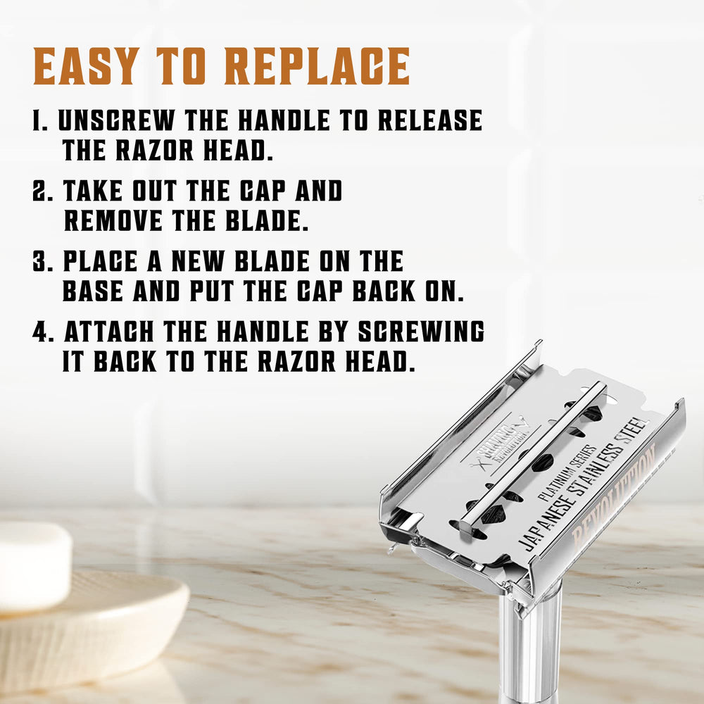 Shaving Revolution platinum-coated blades—sharp precision for a close shave.