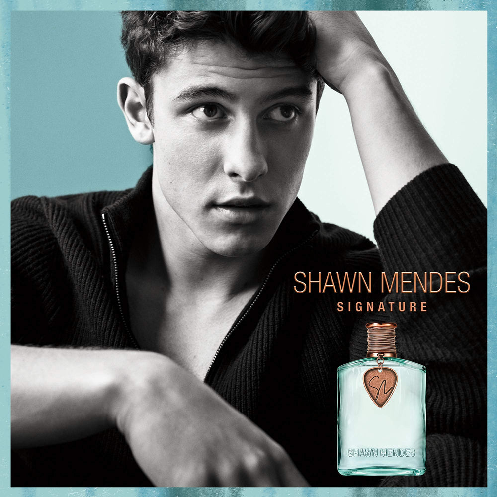Shawn Mendes Signature EDP copper guitar pick detail, musician inspired packaging accent.