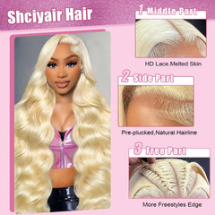 Shciyair 613 28 inch blonde body wave shows length and color.