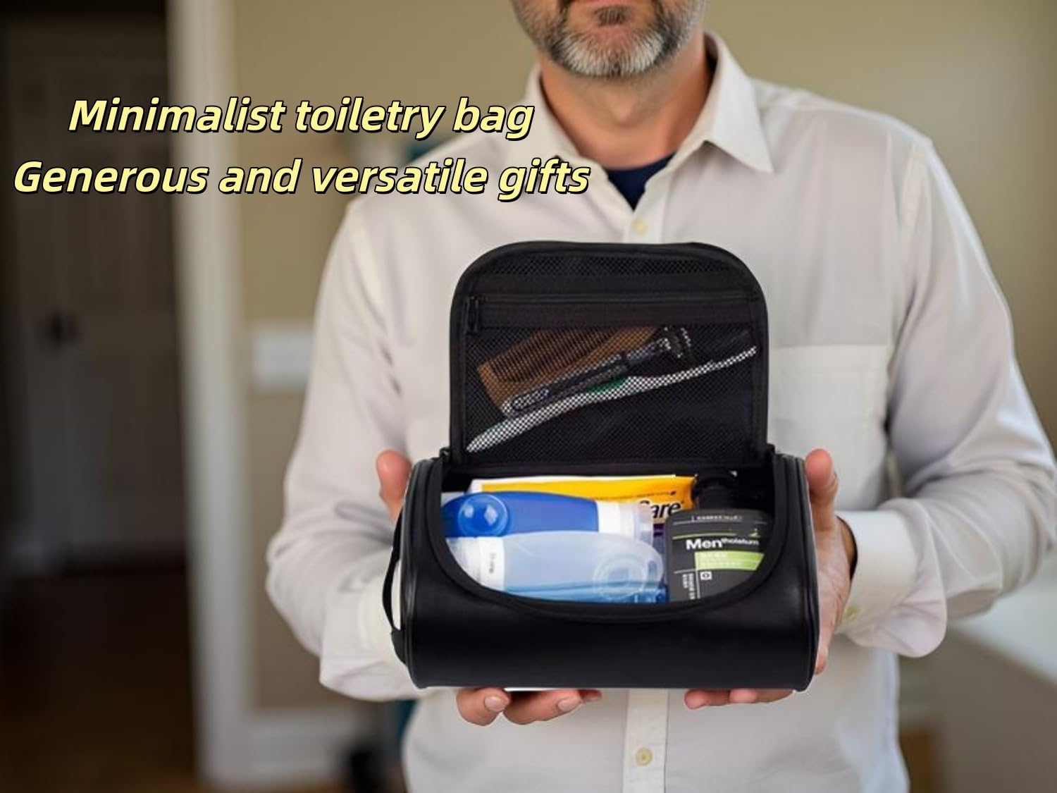 Shcnlery men's toiletry bag side pocket highlights secure storage for essentials.