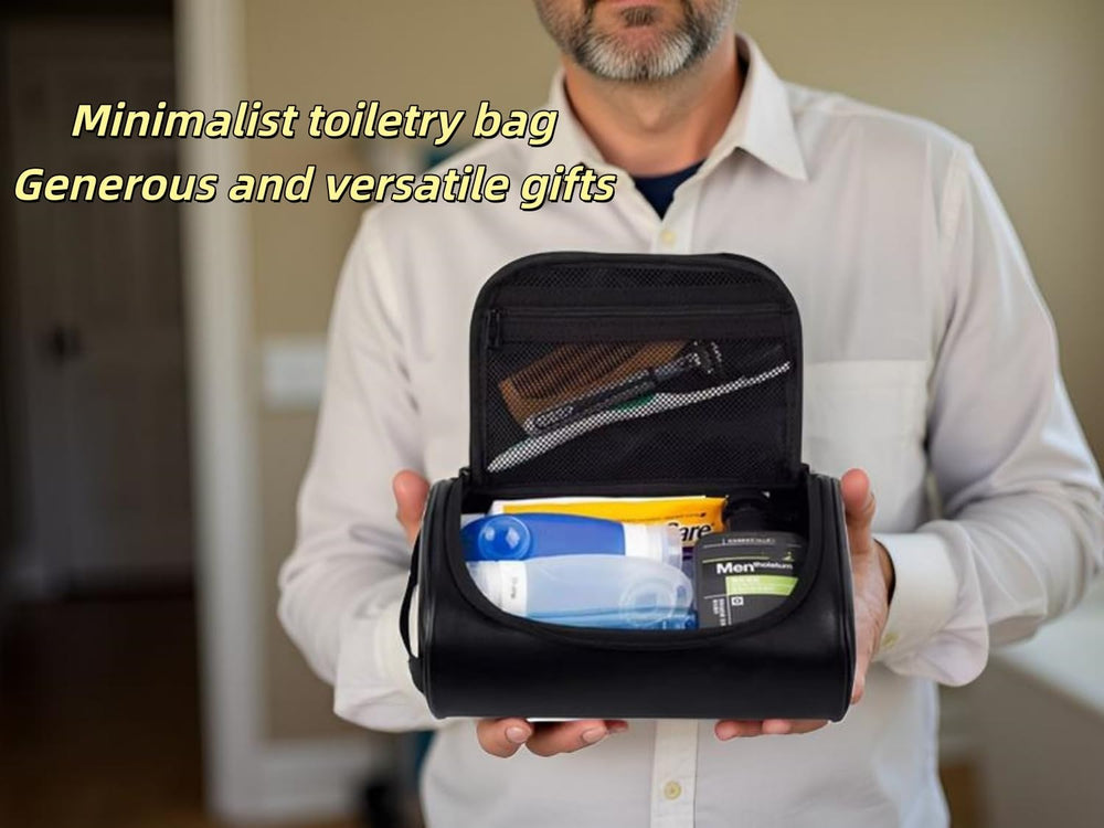 Shcnlery men's toiletry bag side pocket highlights secure storage for essentials.