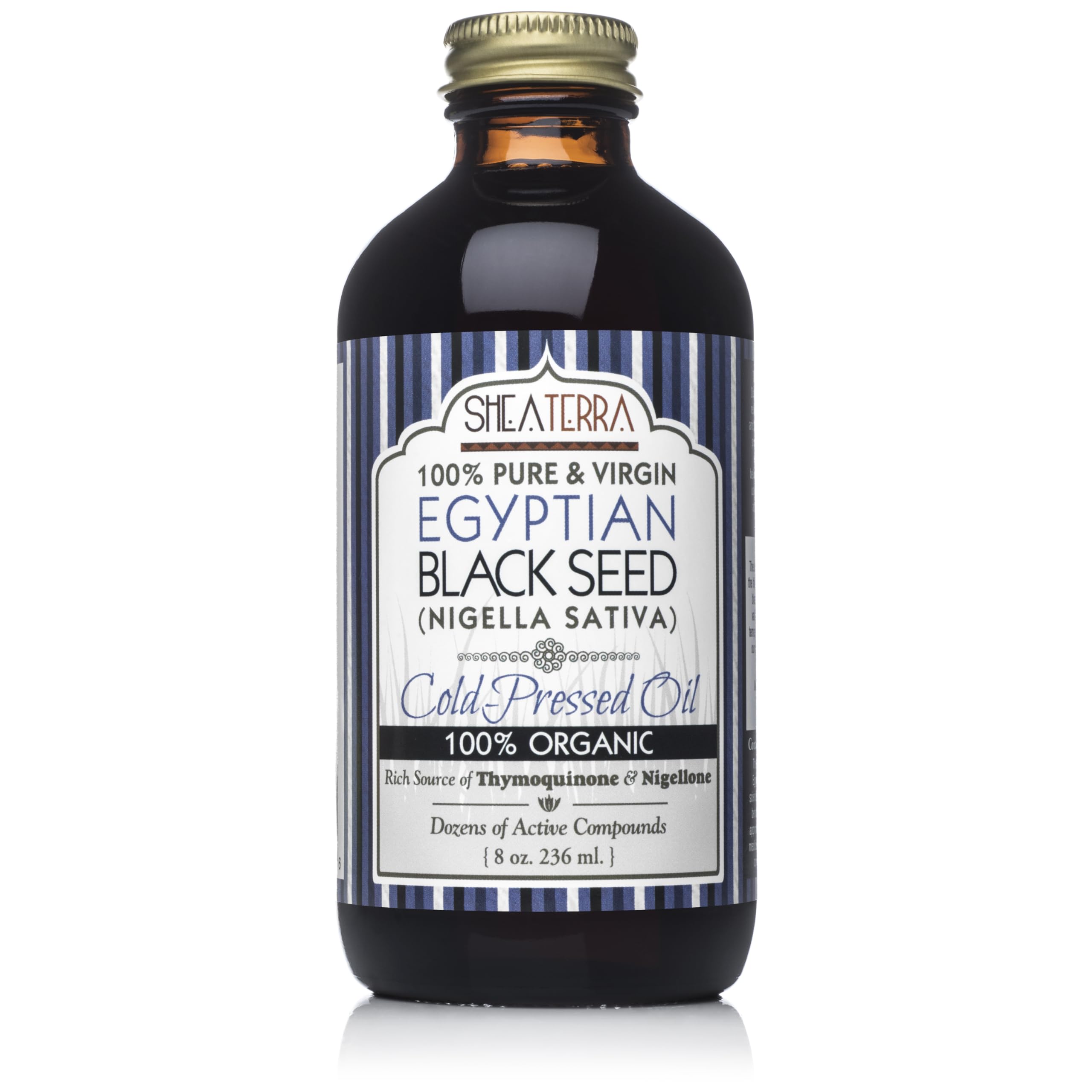 Shea Terra Egyptian Black Seed Oil bottle pour for skin and hair care.