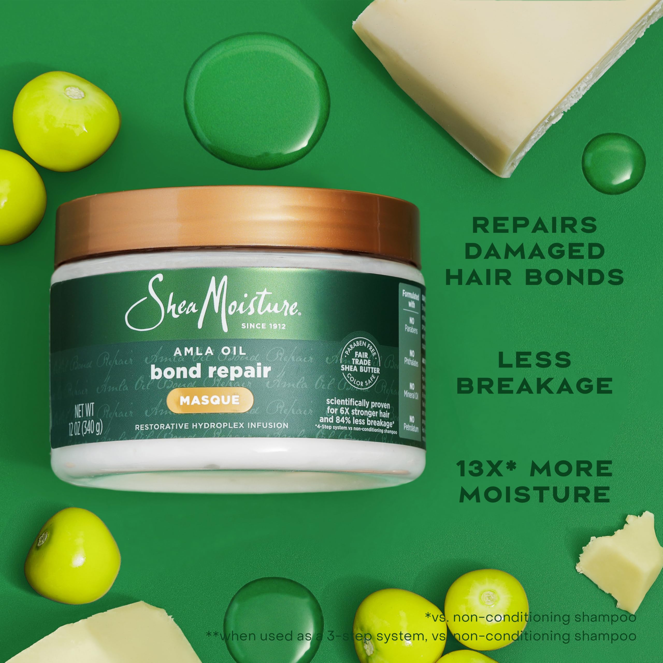 SheaMoisture 4-step system graphic highlights protect, strengthen, repair, and rebuild in one routine.