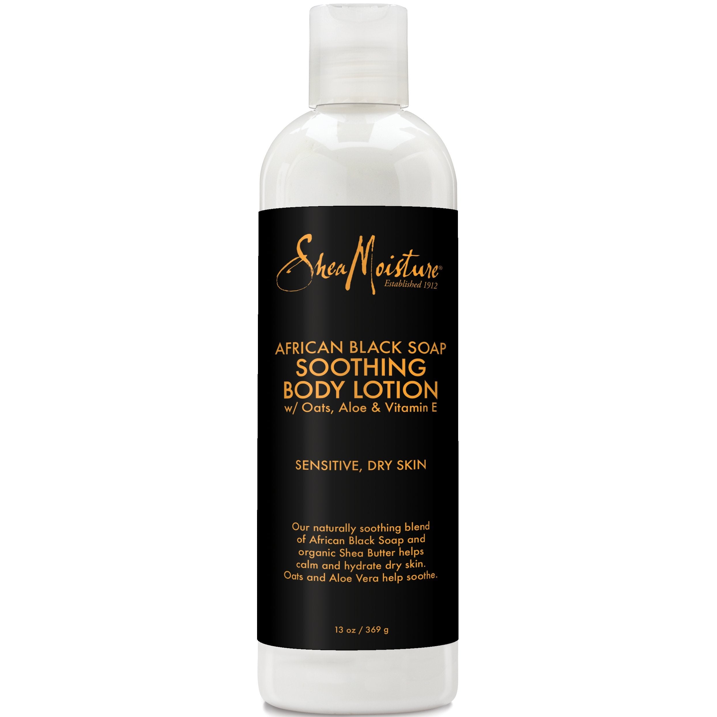 SheaMoisture African Black Soap lotion bottle shown for daily moisturization