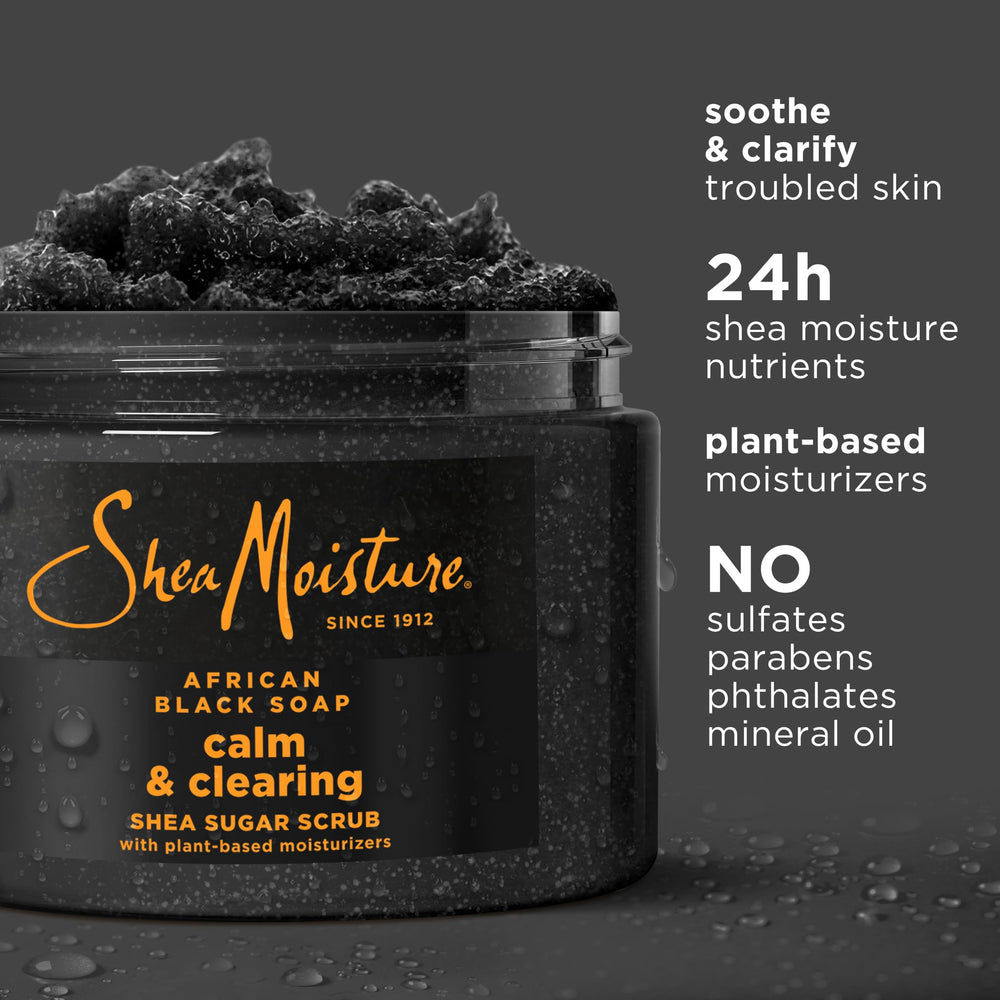 SheaMoisture African Black Soap sugar scrub jar on shelf for melanin-rich skin care