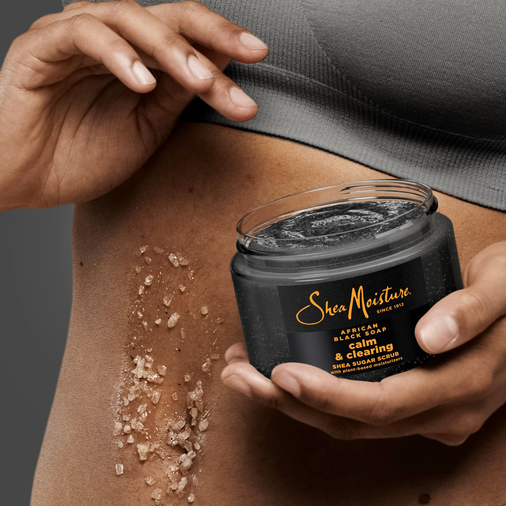 SheaMoisture African Black Soap sugar scrub packaging front communicates natural ingredients