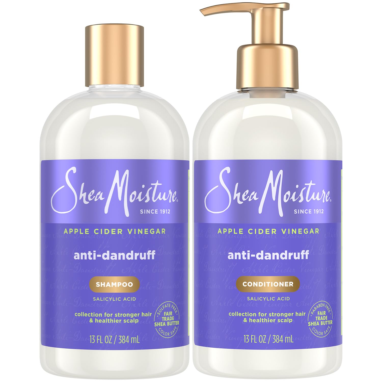 SheaMoisture anti-dandruff shampoo bottle with apple cider vinegar for scalp refreshment and relief.