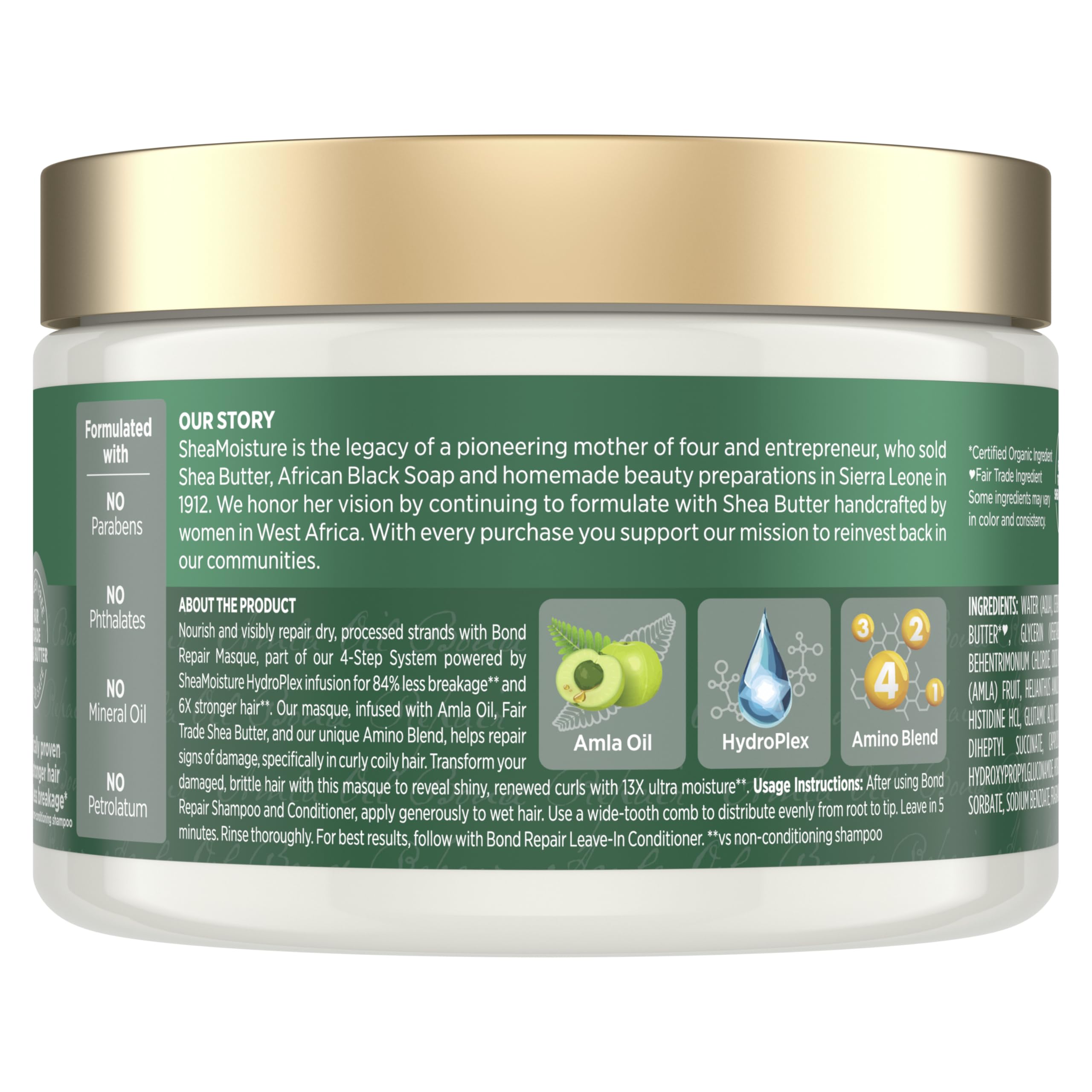 SheaMoisture Bond Repair Masque application steps image shows prep, application, and rinse for best results.