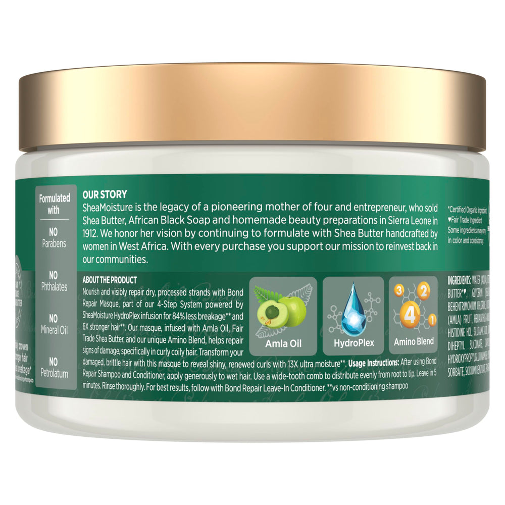 SheaMoisture Bond Repair Masque application steps image shows prep, application, and rinse for best results.