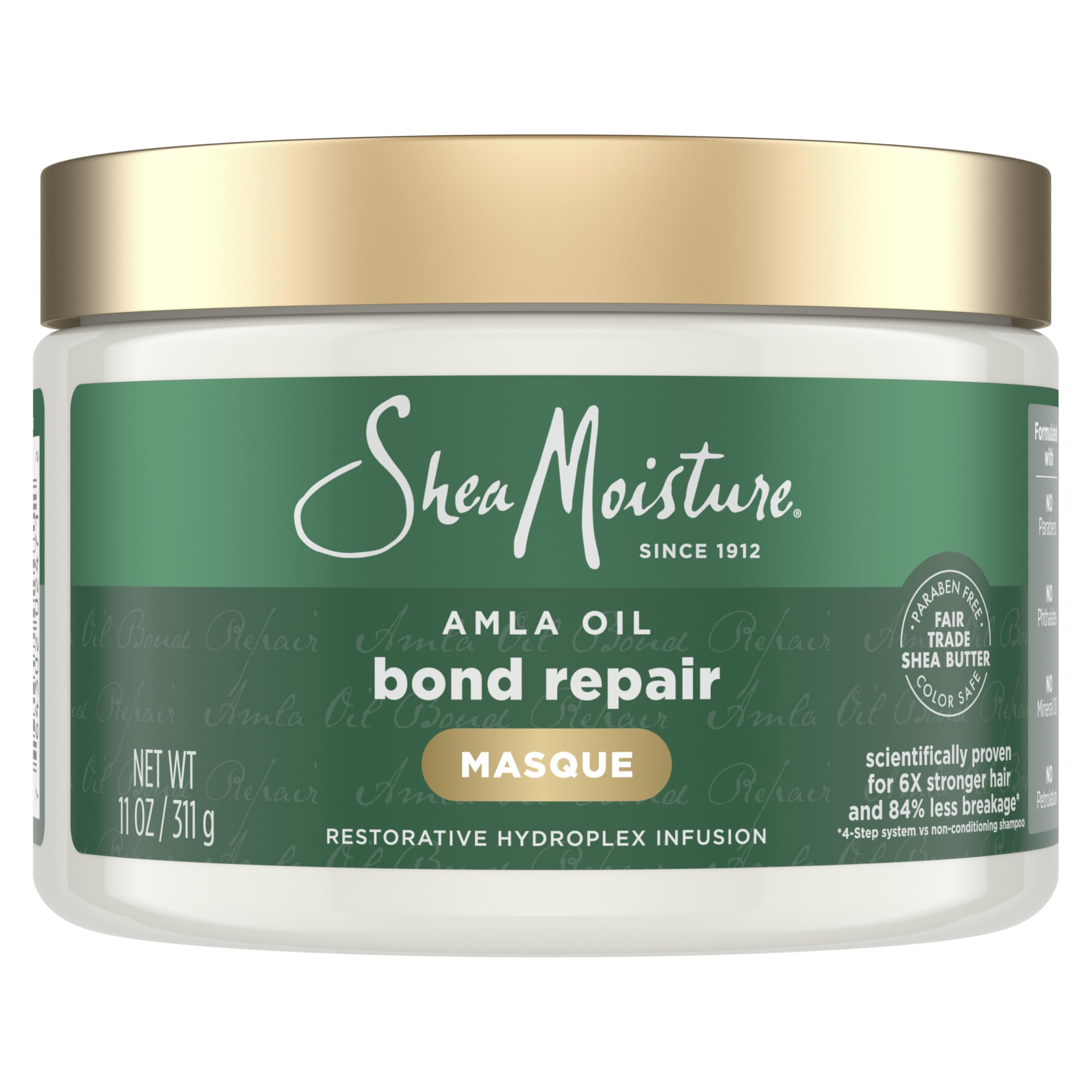 SheaMoisture Bond Repair Masque bottle demonstrates deep hydration for stronger, less-breakage hair.